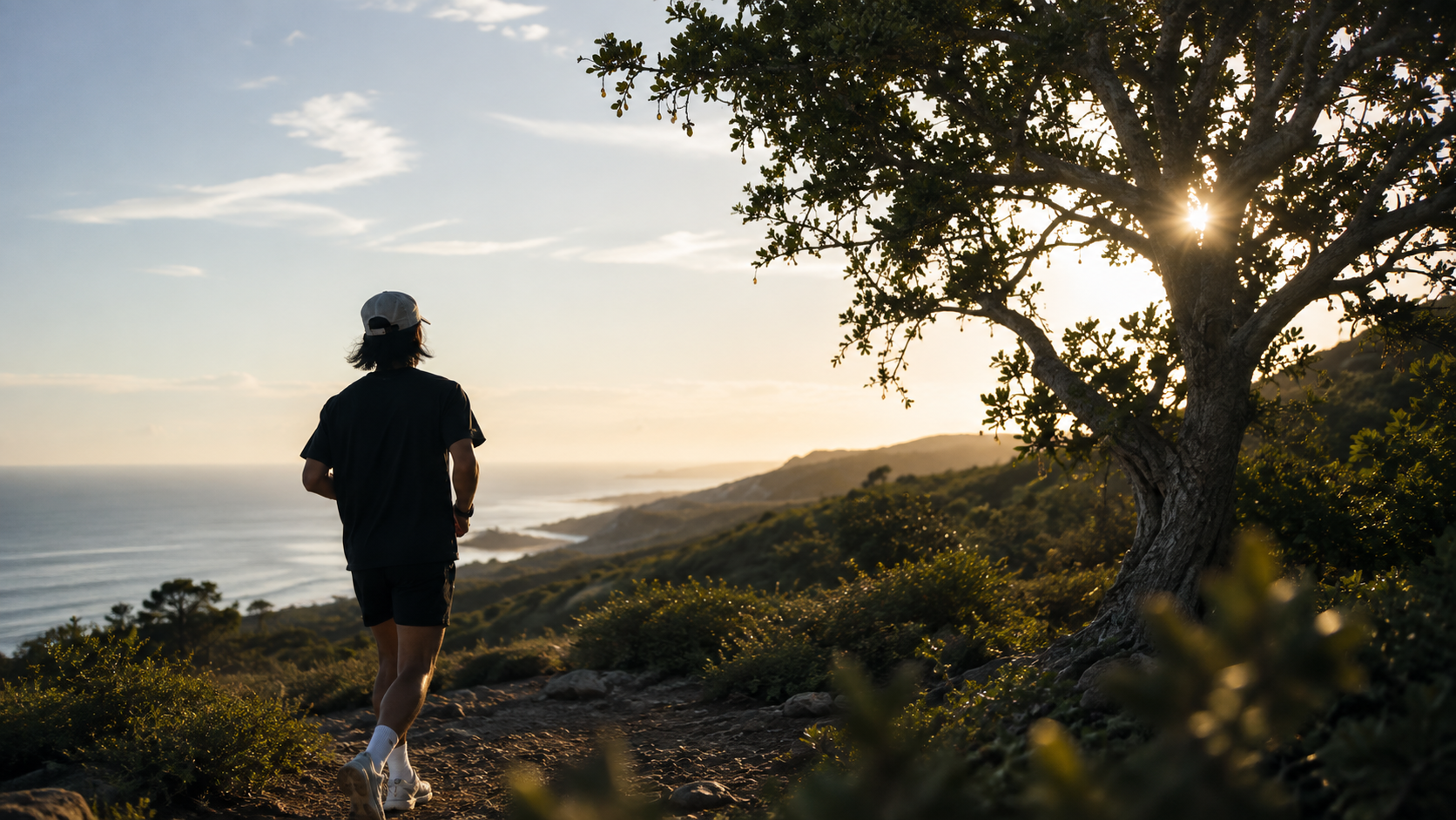 Trail runner at golden hour — running towards the horizon