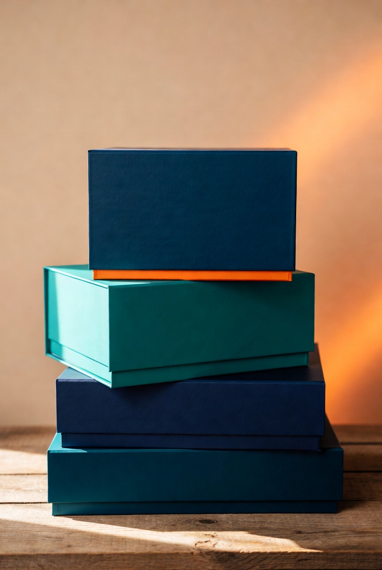 Stack of colorful board game boxes in navy, teal and orange — premium packaging